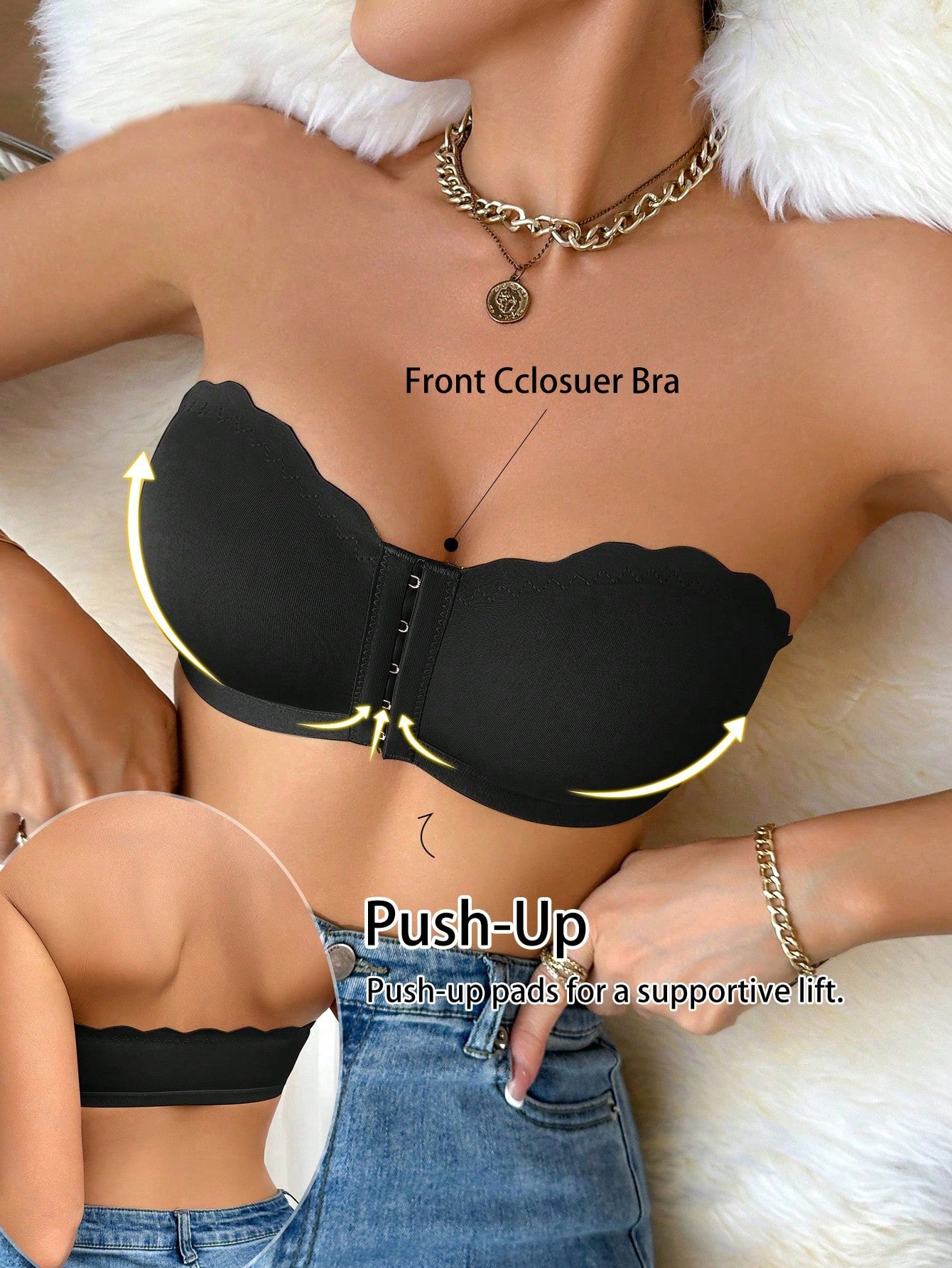 Front-Closure Breathable Supportive Bra with Wavy Trim Black