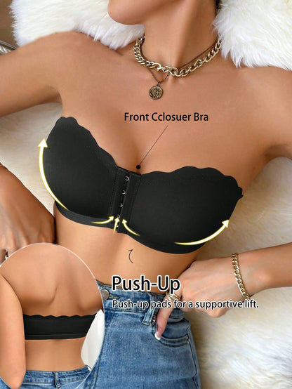 Front-Closure Breathable Supportive Bra with Wavy Trim Black