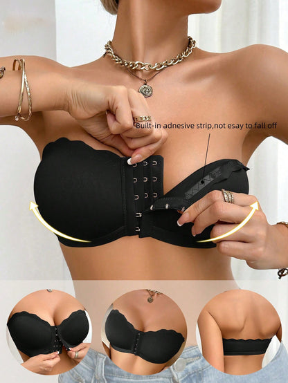Front-Closure Breathable Supportive Bra with Wavy Trim Black