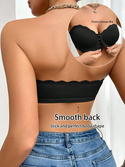 Front-Closure Breathable Supportive Bra with Wavy Trim Black