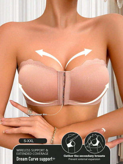 Front-Closure Breathable Supportive Bra with Wavy Trim RosyBrown