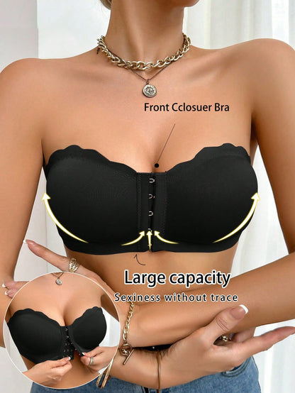 Front-Closure Breathable Supportive Bra with Wavy Trim Black
