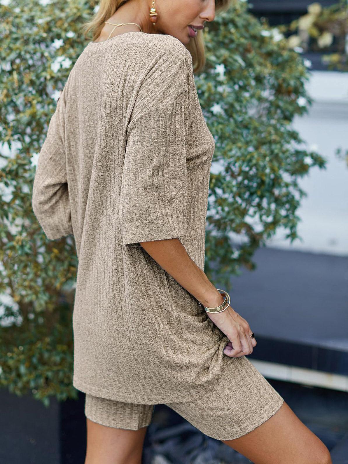 Fashionable Ribbed Knitted T-shirt Shorts Pajamas Home Clothes 2-piece Set Linen