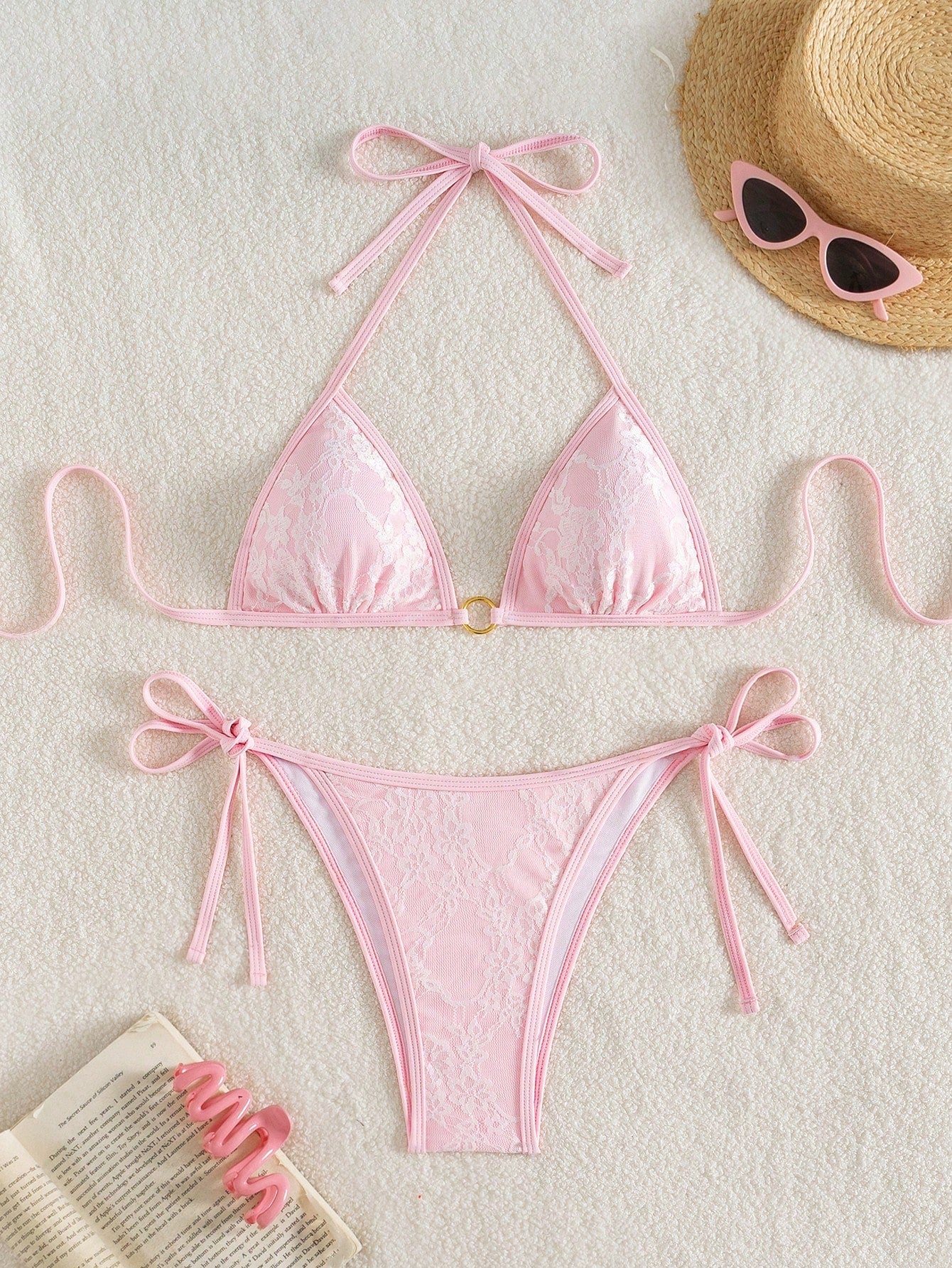 Summer Beach Sexy Backless Strappy Floral Lace Triangle Bag Bikini Set Pink