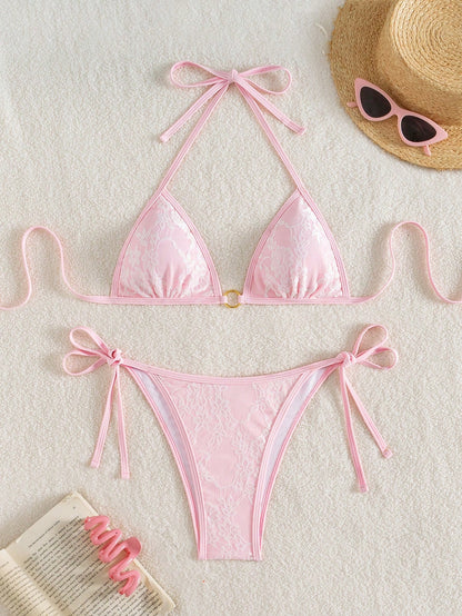 Summer Beach Sexy Backless Strappy Floral Lace Triangle Bag Bikini Set Pink