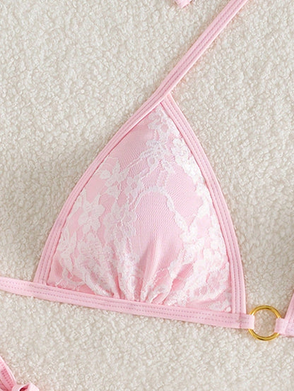 Summer Beach Sexy Backless Strappy Floral Lace Triangle Bag Bikini Set Pink