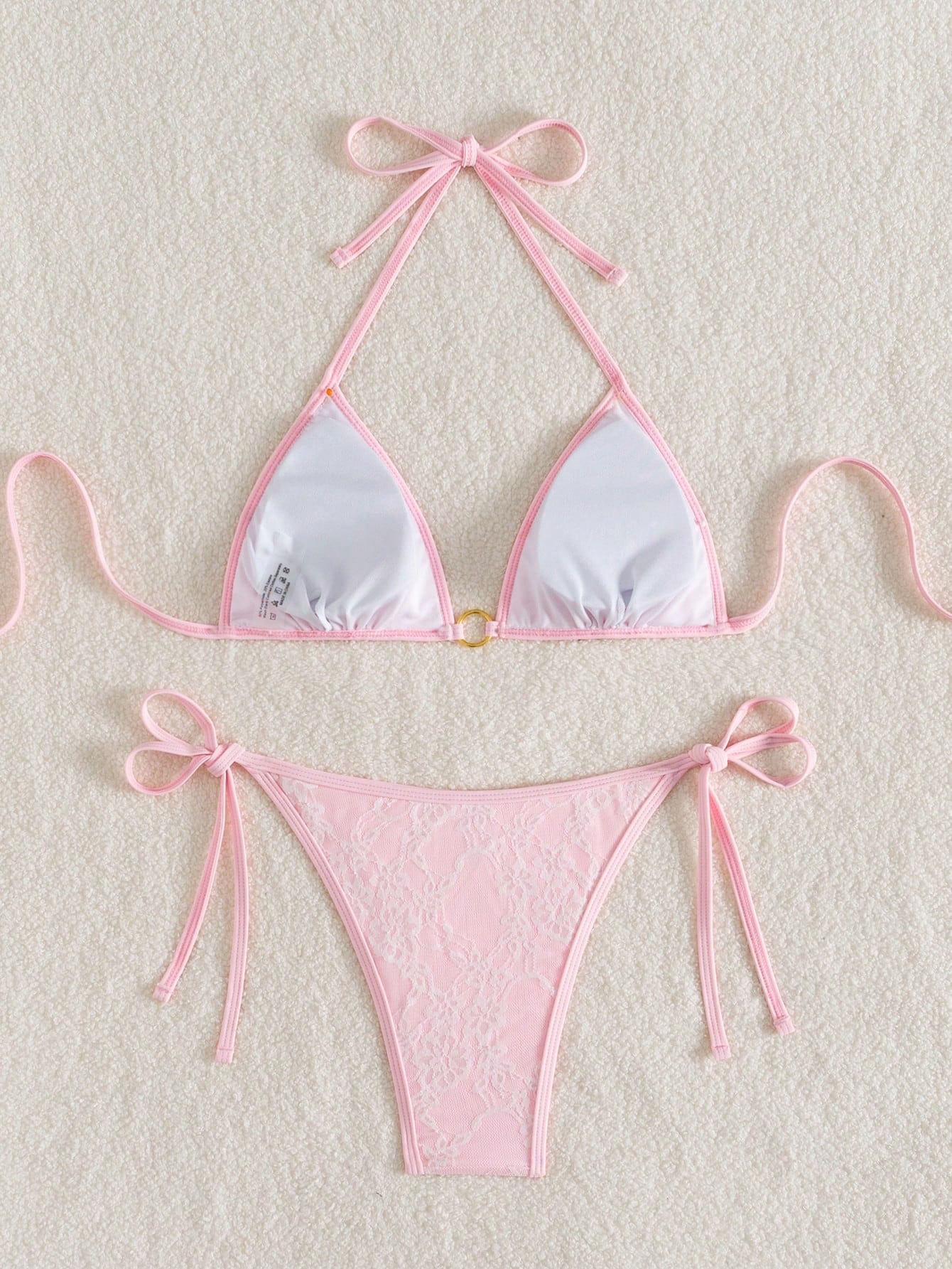 Summer Beach Sexy Backless Strappy Floral Lace Triangle Bag Bikini Set Pink