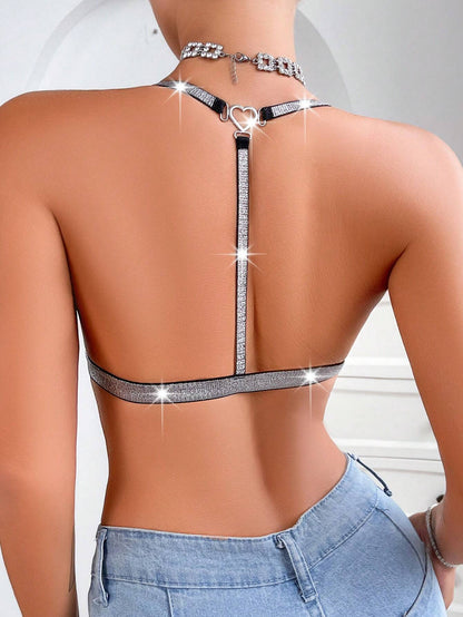 Plus Size Thin Sexy Hanging Neck Silver Silk Super Lace Back Bra Black