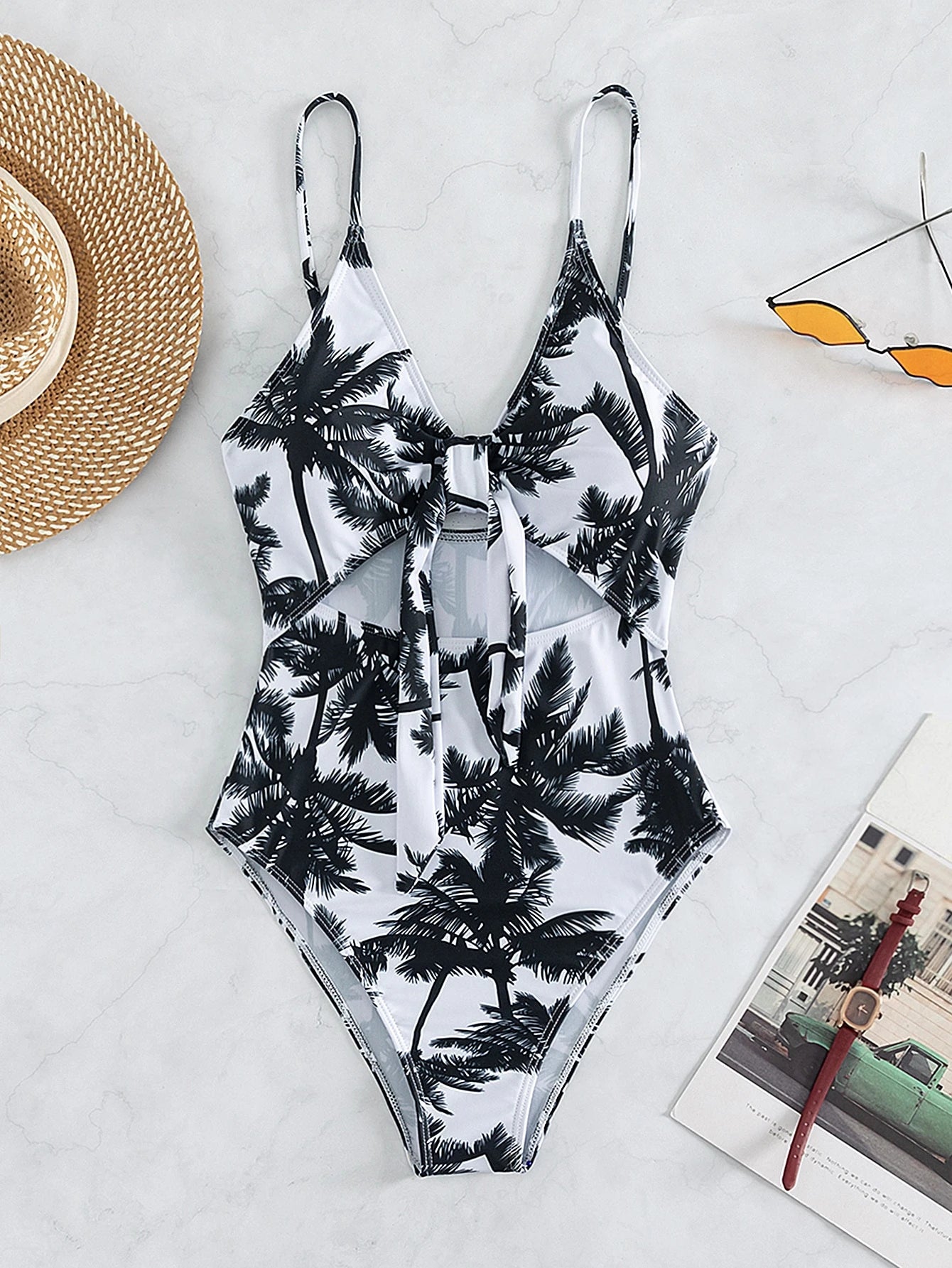 Summer Swimwear Sexy Palm Tree Print One Piece Halter Swimsuit Bikini