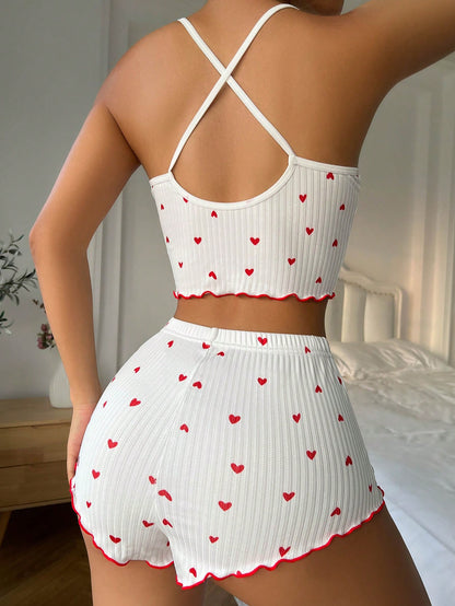 Heart Printed Bow Front Camisole Shorts Cross Back Pajama Set Red Bow