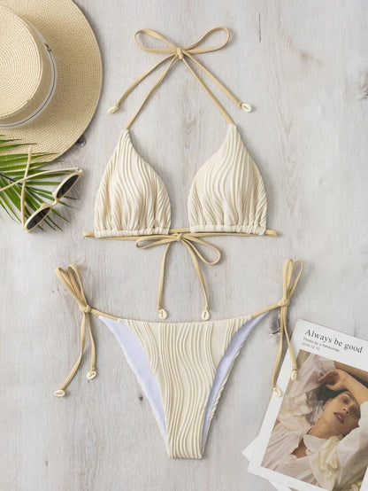 Beach Ladies Backless Two Piece Sexy Bikini Set Ivory