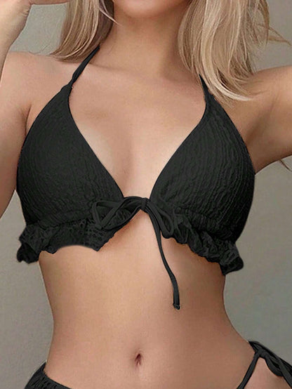 Sexy Three Piece Gauze Skirt Swimsuit Bikini Hanging Neck Swimsuit Black