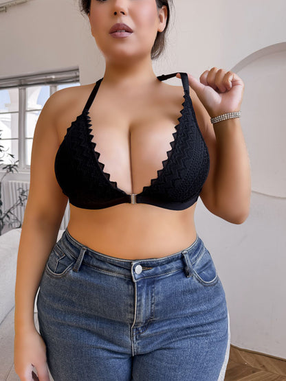 Lace Halter Strap Front-Clasp Wireless Bra for Plus Sizes – Sexy Backless Design