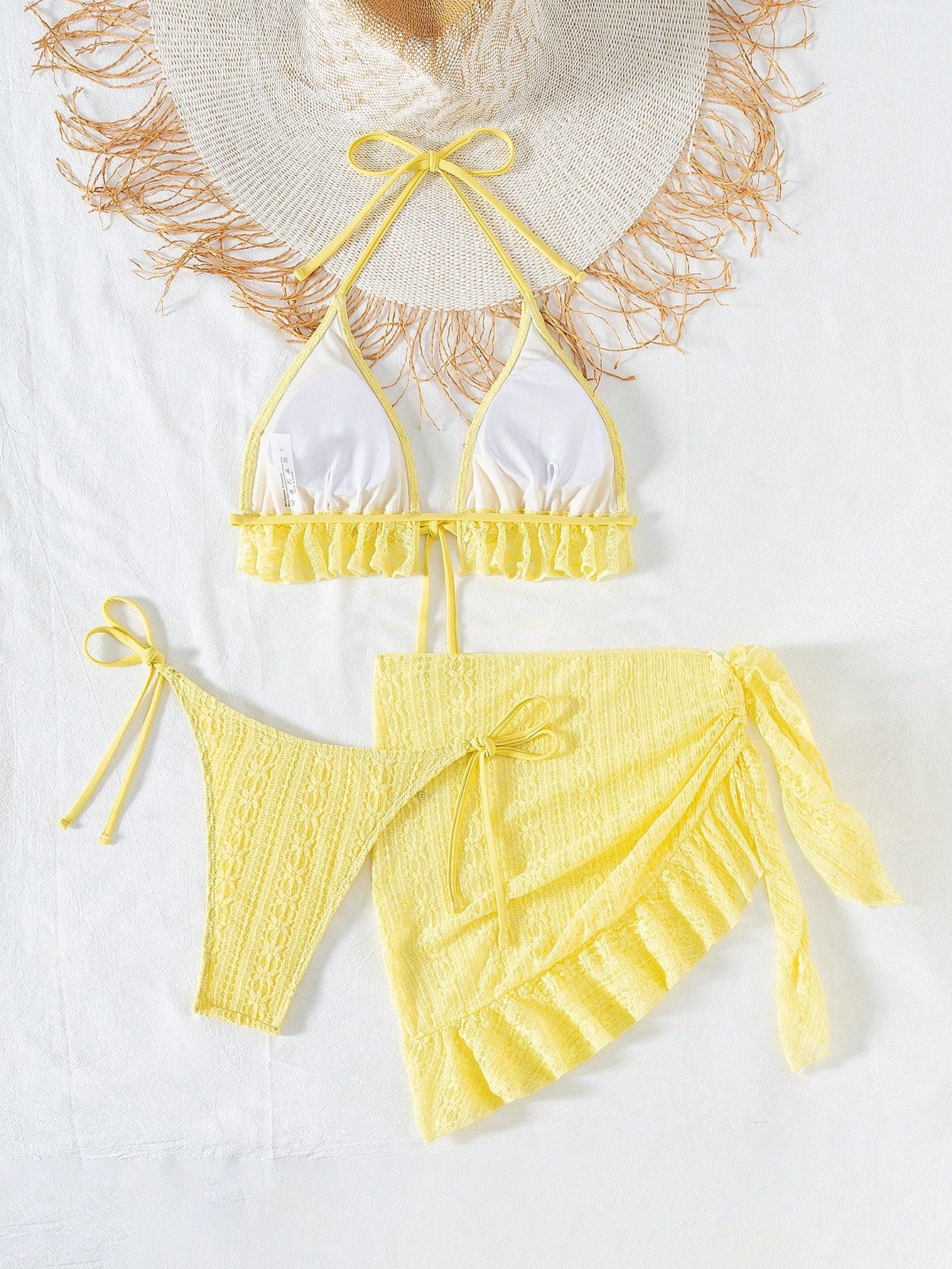 Sexy Three Piece Gauze Skirt Swimsuit Bikini Hanging Neck Swimsuit Yellow