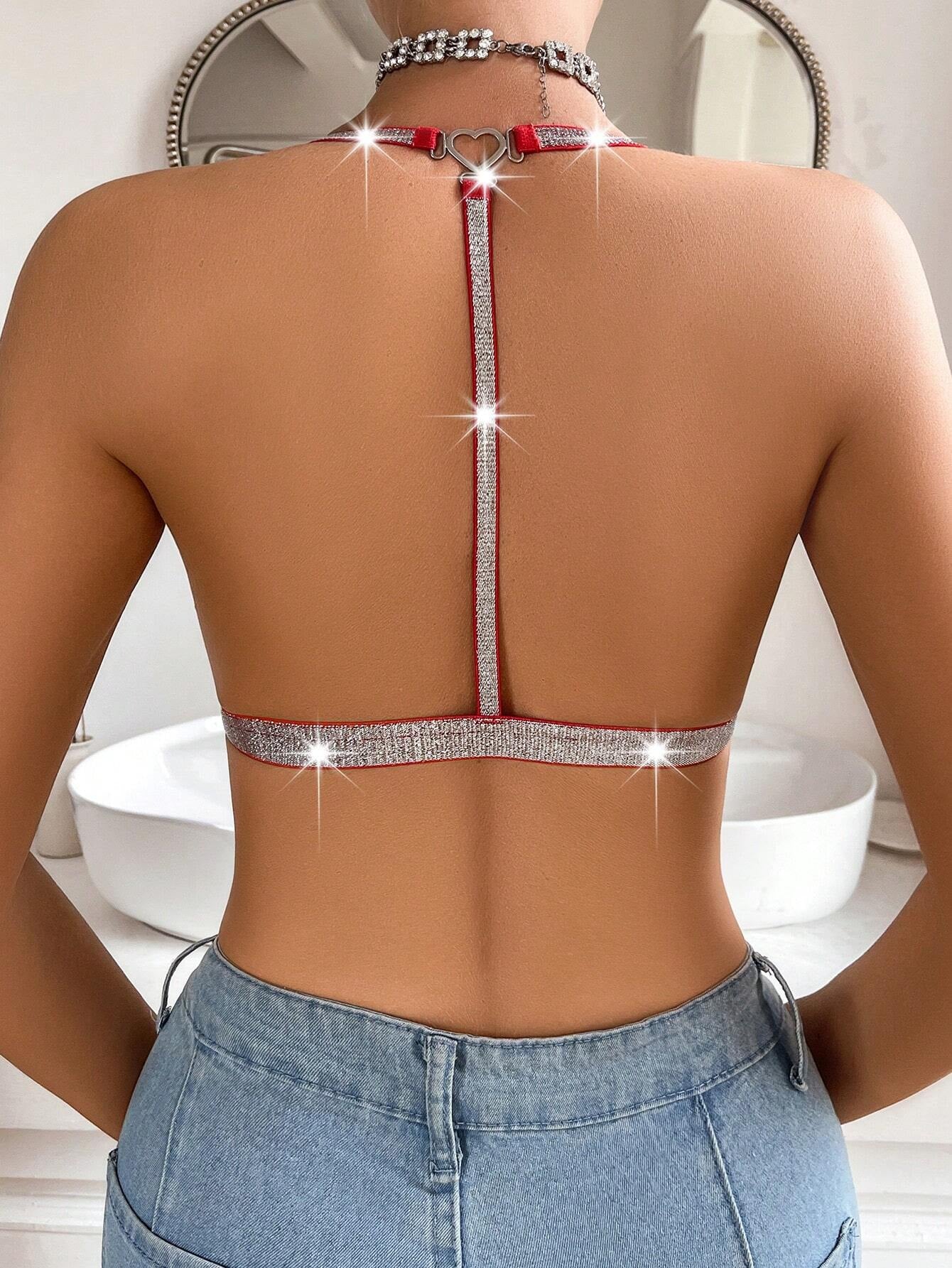 Plus Size Thin Sexy Hanging Neck Silver Silk Super Lace Back Bra Red