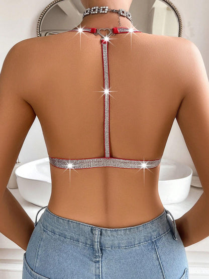 Plus Size Thin Sexy Hanging Neck Silver Silk Super Lace Back Bra Red