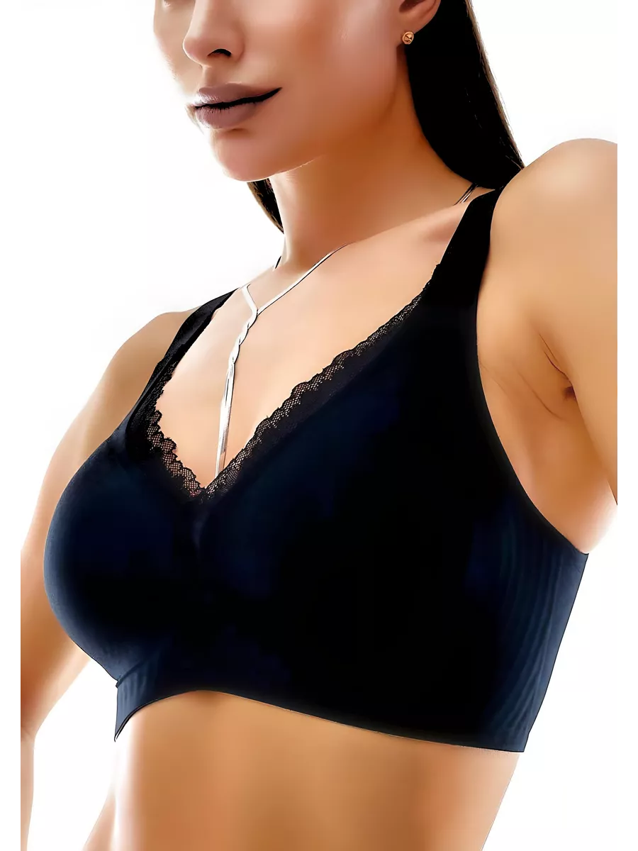 V-neck Lace Stitching Seamless Push-up Wireless Bra Black