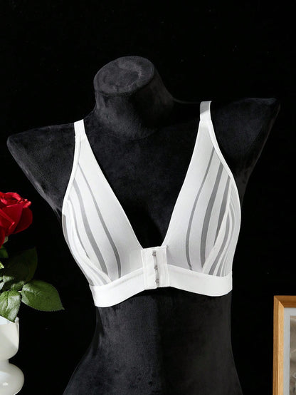 Front-Clasp Lace Patchwork Sheer Lightweight Wireless Bra White