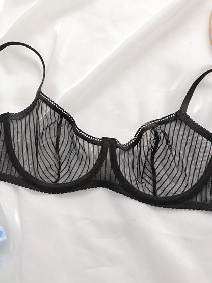 Mesh Stripe Double Layer Sexy Bra Set with Steel Ring Black
