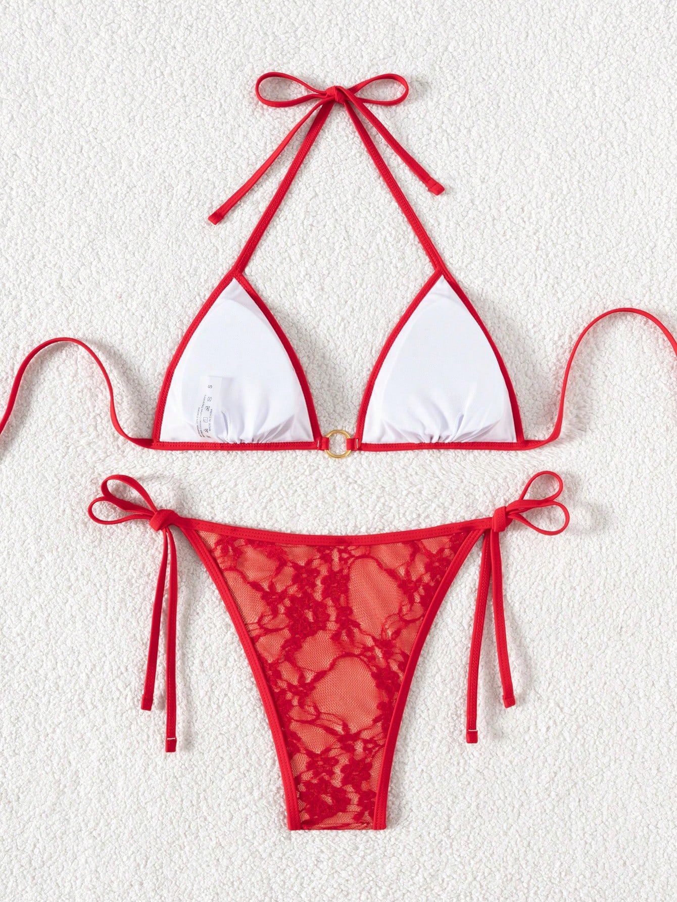 Summer Beach Sexy Backless Strappy Floral Lace Triangle Bag Bikini Set Red