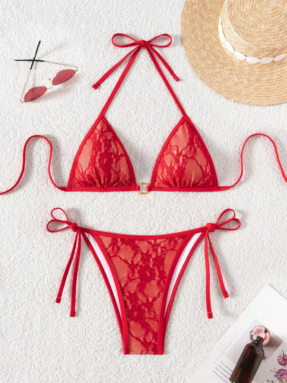 Summer Beach Sexy Backless Strappy Floral Lace Triangle Bag Bikini Set Red