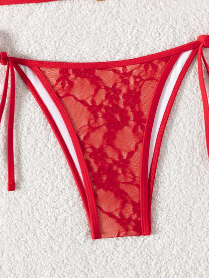 Summer Beach Sexy Backless Strappy Floral Lace Triangle Bag Bikini Set Red
