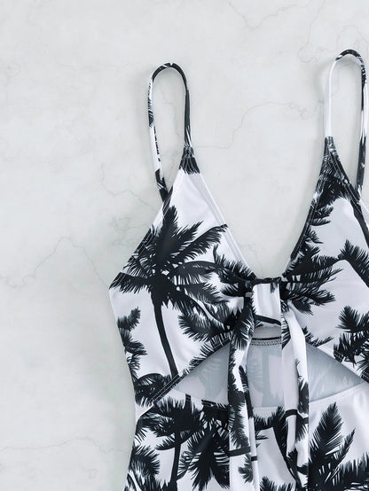 Summer Swimwear Sexy Palm Tree Print One Piece Halter Swimsuit Bikini