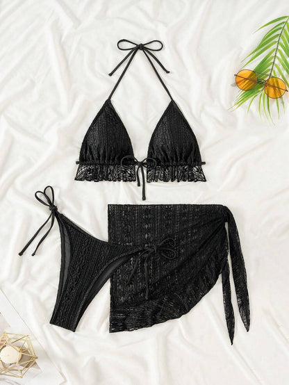 Sexy Three Piece Gauze Skirt Swimsuit Bikini Hanging Neck Swimsuit Black