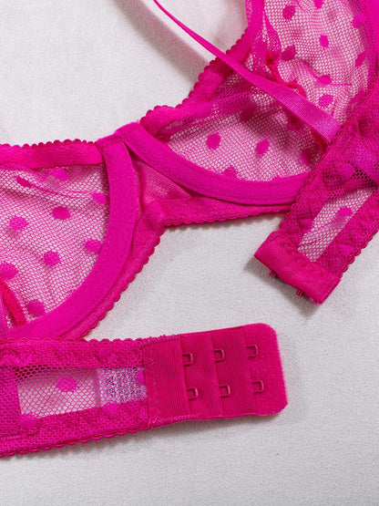 Sexy Polka Dot Half Cup Ultra Thin See Through Lingerie Set HotPink