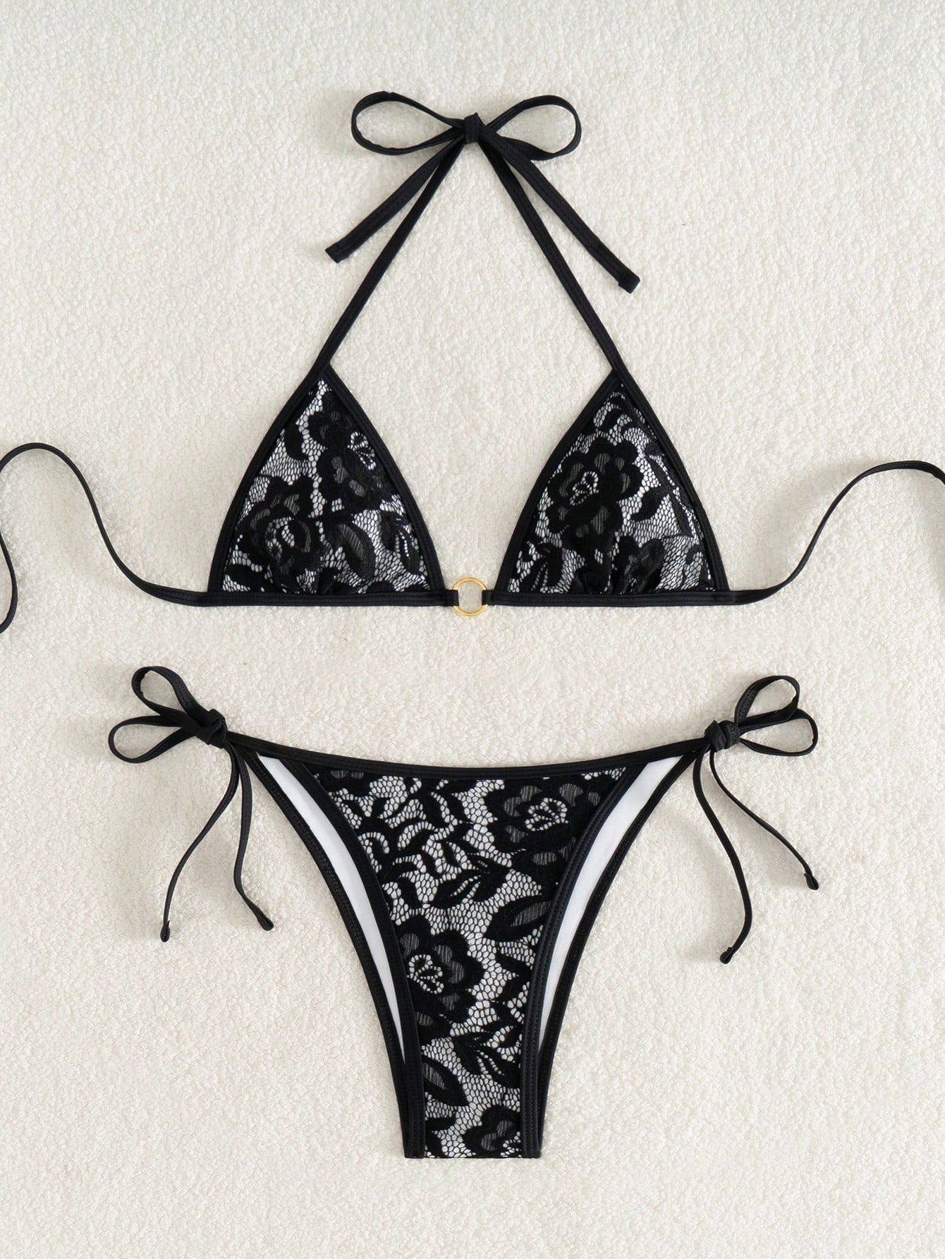 Summer Beach Sexy Backless Strappy Floral Lace Triangle Bag Bikini Set White-Large Flower