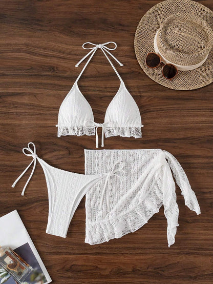 Sexy Three Piece Gauze Skirt Swimsuit Bikini Hanging Neck Swimsuit White