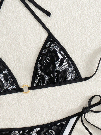 Summer Beach Sexy Backless Strappy Floral Lace Triangle Bag Bikini Set White-Large Flower