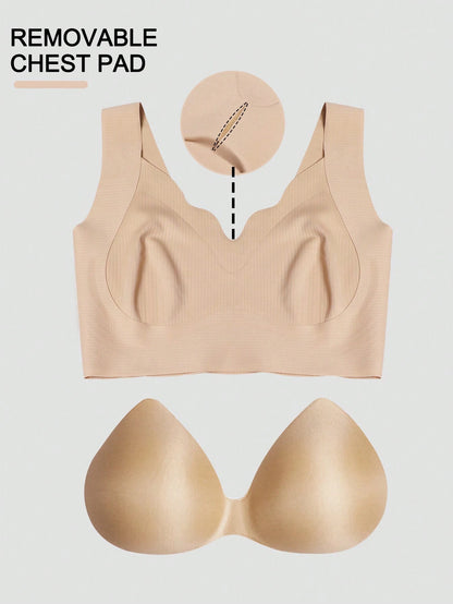 Seamless Casual Comfort Tank Style Seamless V-Neck Yoga Sports Breathable Back Bra Khaki