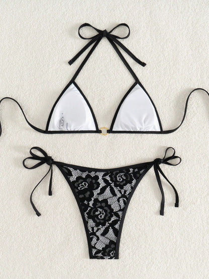 Summer Beach Sexy Backless Strappy Floral Lace Triangle Bag Bikini Set White-Large Flower