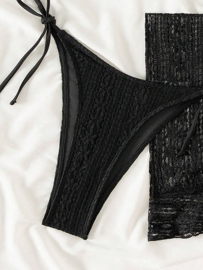 Sexy Three Piece Gauze Skirt Swimsuit Bikini Hanging Neck Swimsuit Black