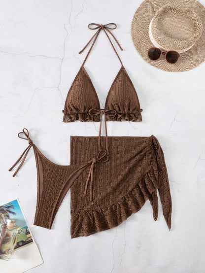 Sexy Three Piece Gauze Skirt Swimsuit Bikini Hanging Neck Swimsuit Brown