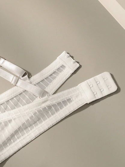 Mesh Stripe Double Layer Sexy Bra Set with Steel Ring White