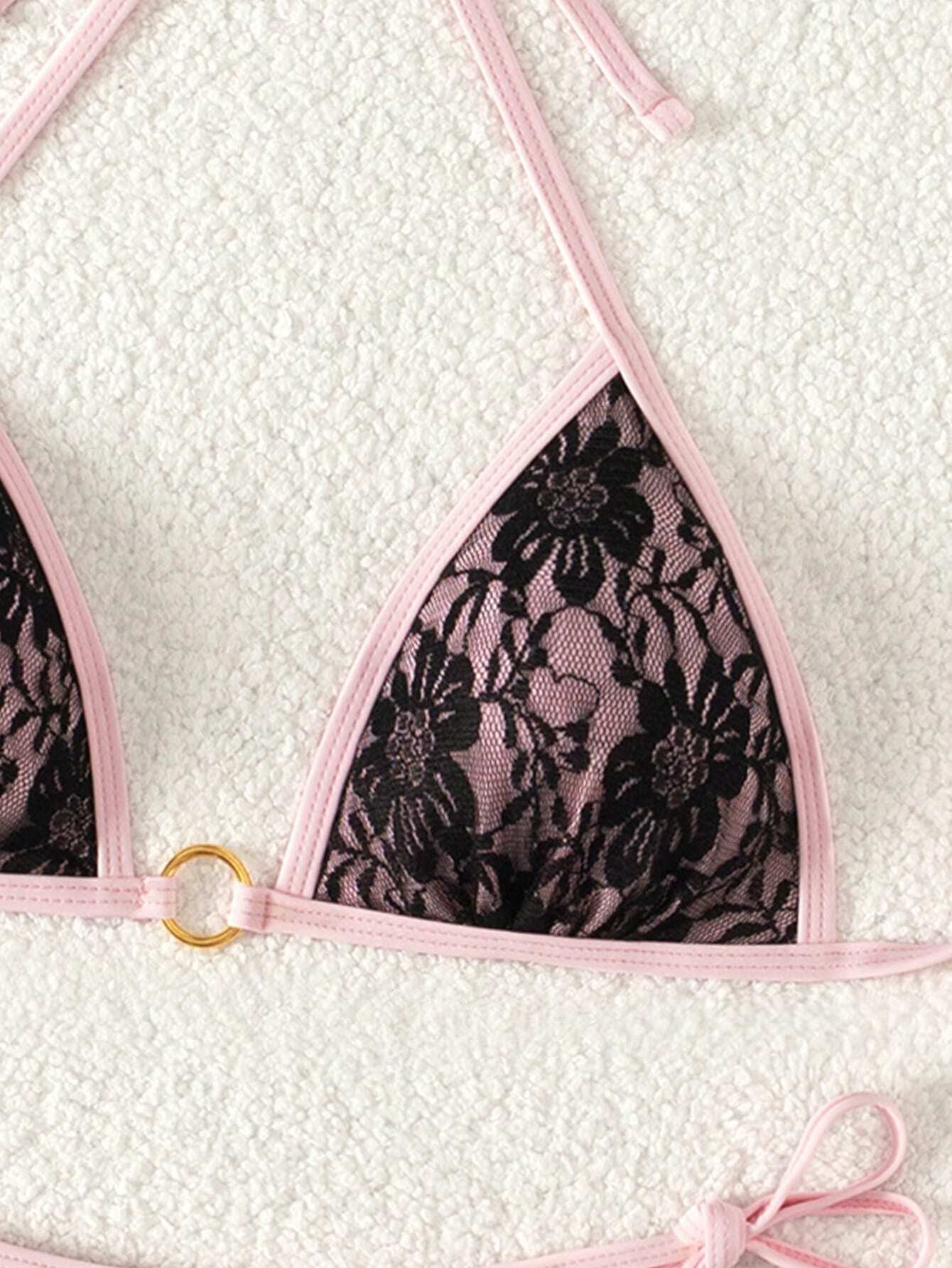 Summer Beach Sexy Backless Strappy Floral Lace Triangle Bag Bikini Set HotPink