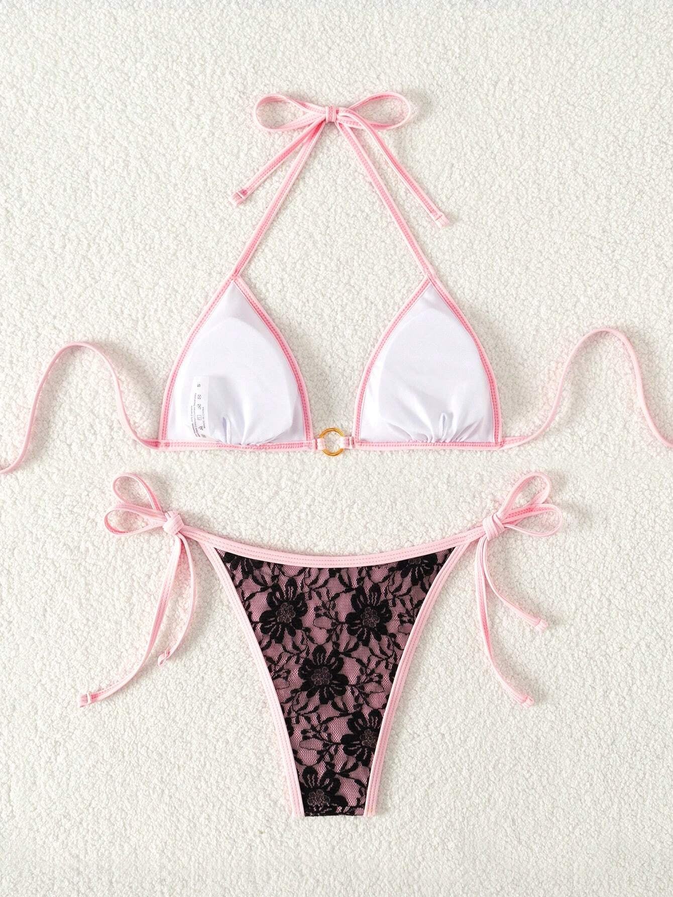 Summer Beach Sexy Backless Strappy Floral Lace Triangle Bag Bikini Set HotPink