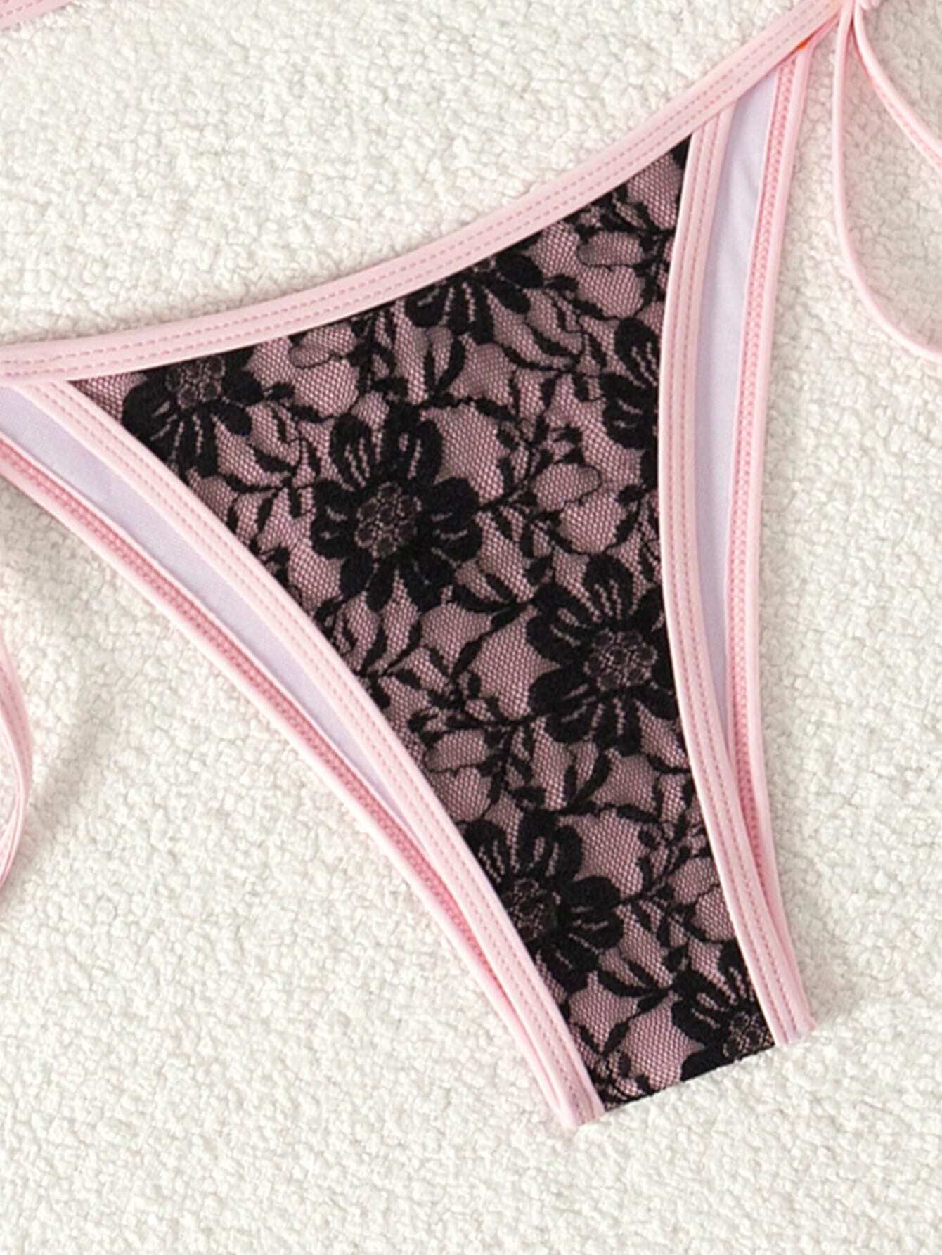 Summer Beach Sexy Backless Strappy Floral Lace Triangle Bag Bikini Set HotPink