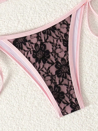 Summer Beach Sexy Backless Strappy Floral Lace Triangle Bag Bikini Set HotPink