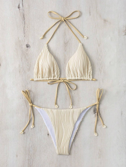 Beach Ladies Backless Two Piece Sexy Bikini Set Ivory