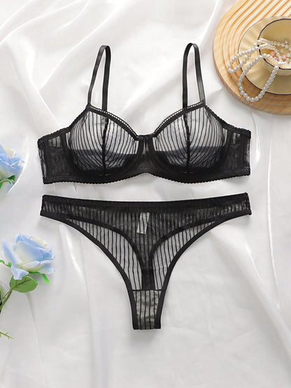 Mesh Stripe Double Layer Sexy Bra Set with Steel Ring Black