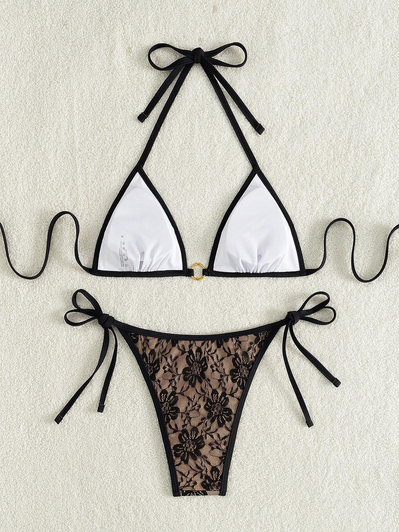 Summer Beach Sexy Backless Strappy Floral Lace Triangle Bag Bikini Set Brown-Large Flower