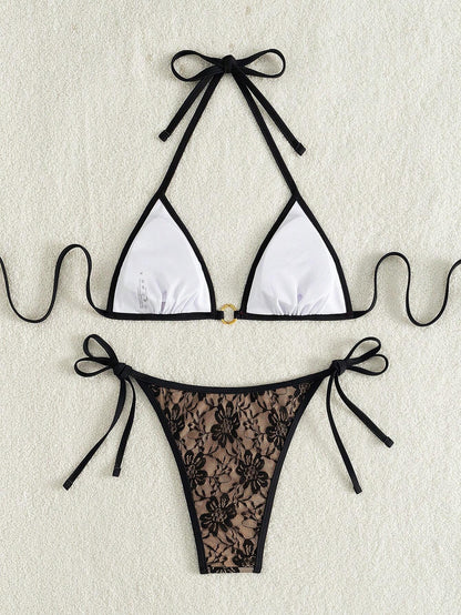Summer Beach Sexy Backless Strappy Floral Lace Triangle Bag Bikini Set Brown-Large Flower