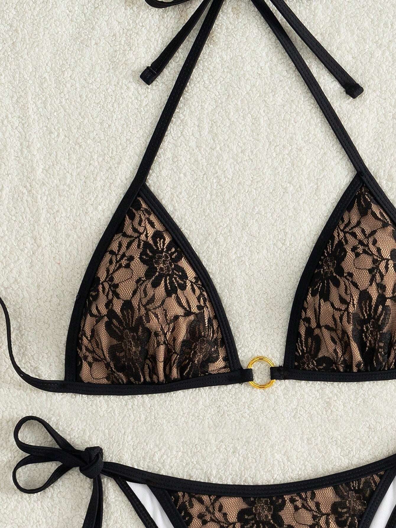 Summer Beach Sexy Backless Strappy Floral Lace Triangle Bag Bikini Set Brown-Large Flower