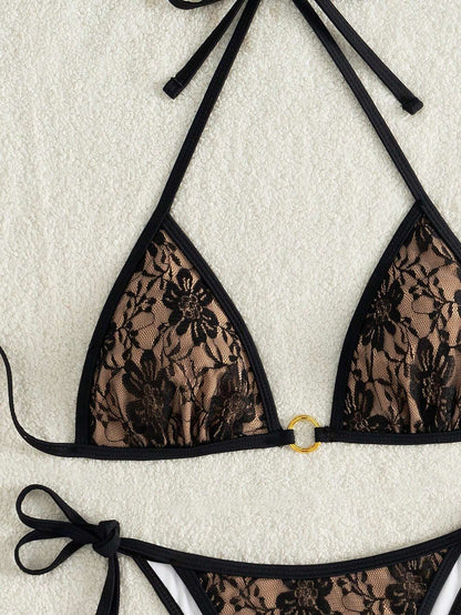 Summer Beach Sexy Backless Strappy Floral Lace Triangle Bag Bikini Set Brown-Large Flower