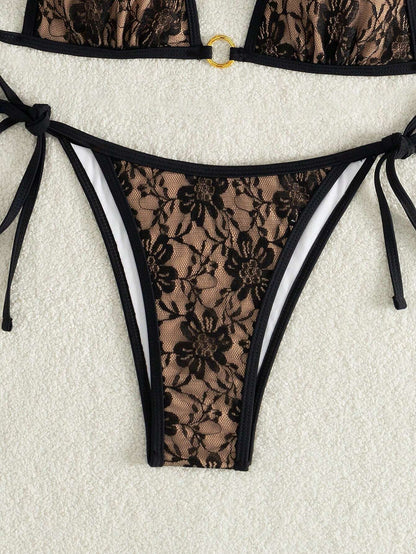 Summer Beach Sexy Backless Strappy Floral Lace Triangle Bag Bikini Set Brown-Large Flower