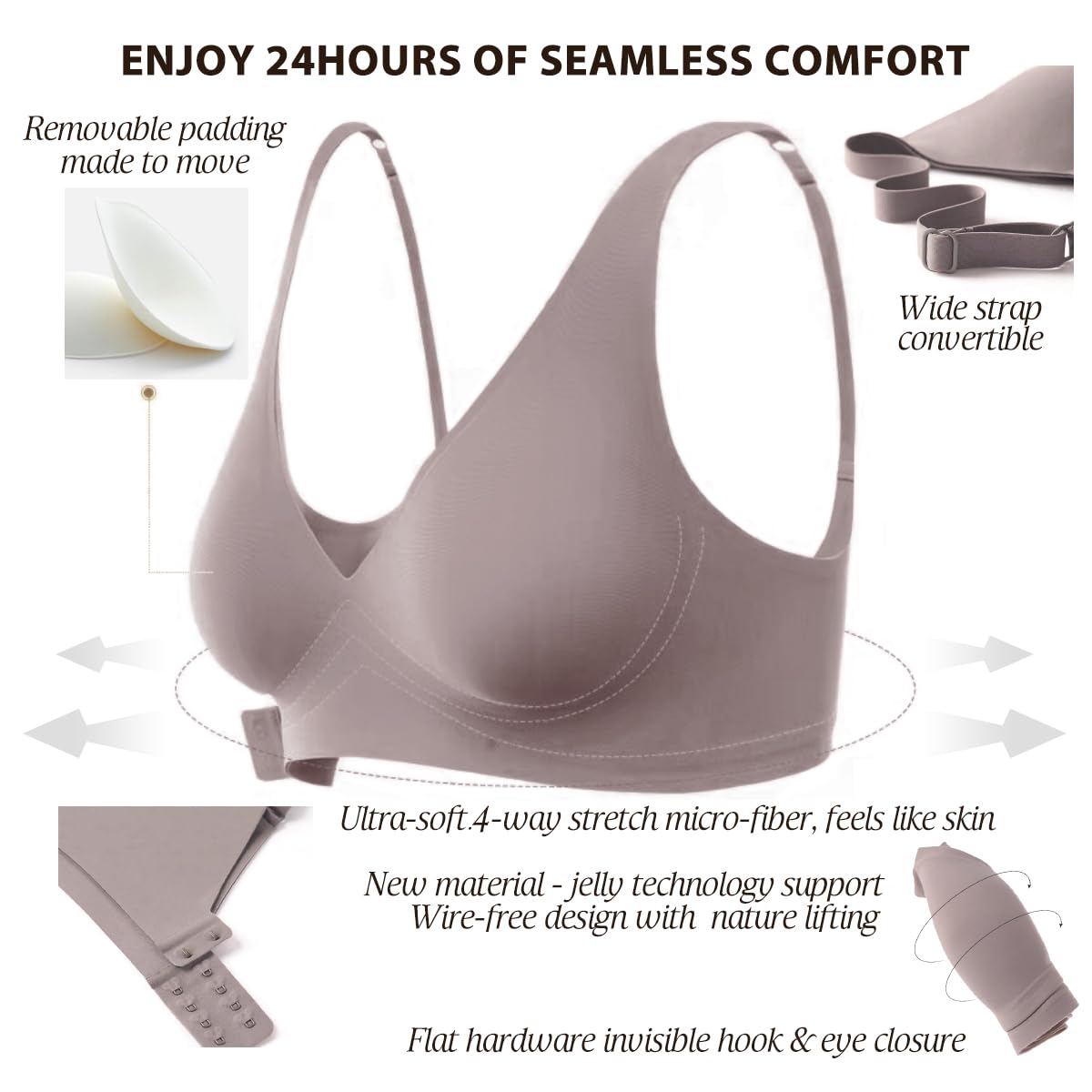 Wirefree Seamless Bra for Women Invisible Deep V Plunge Bra with Removeable Padding RosyBrown