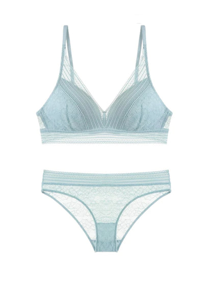 Semi-sheer Lace Scoop Bras, Comfort Wireless Everyday Bra Set Blue